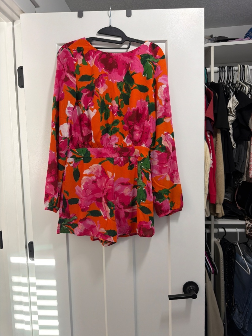 Lulus Sweetest Song Orange Floral Print Backless Long Sleeve Romper - Size S - Picture 2 of 3